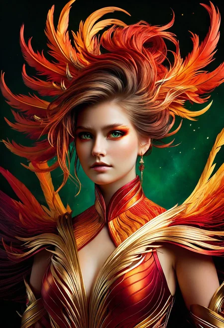A young woman with porcelain skin and piercing green eyes, dressed in a phoenix-inspired outfit, hyper-realistic style, with intricate, fiery feathers and golden accents adorning her upper body, set against a dark, gradient background with soft, warm lighting, highlighting the subtle textures of her clothing and skin, in the style of digital painting with ultra-detailed, 4K quality.