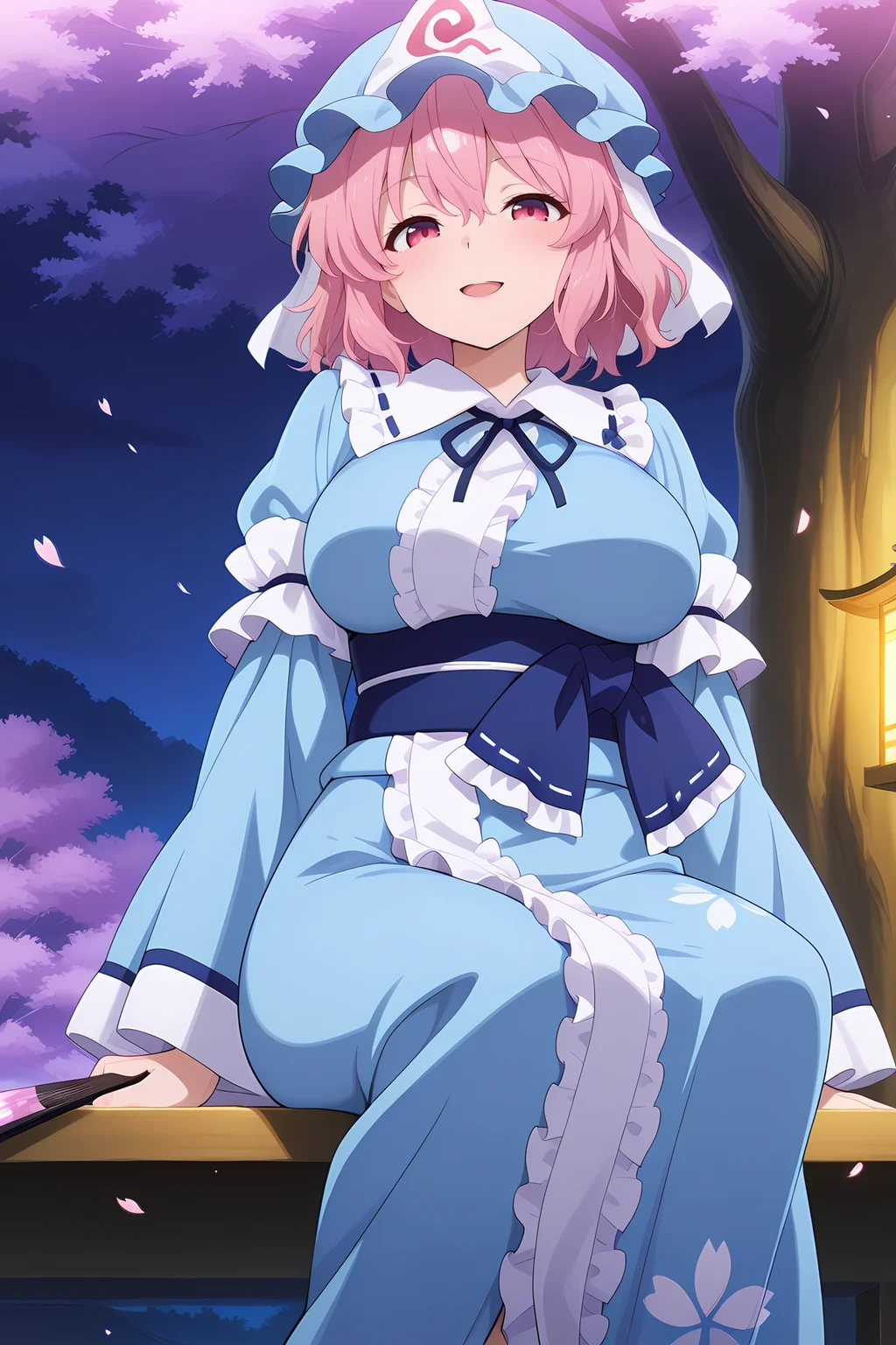 absurdres, highres, masterpiece, best quality, amazing quality, official anime artwork, screencap, anime screencap, outdoors, looking at viewer, dynamic pose, sakura tree, big tree,
<lora:Yuyuko-Saigyouji_IllustriousV2:1> saigyouji yuyuko, 1girl, solo, pink eyes, pink hair, short hair, medium large breasts,, mob cap, triangular headpiece, blue kimono, long sleeves, wide sleeves, sash, ribbon, holding fan, sitting, open mouth, smile, night,