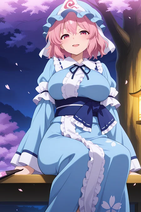 absurdres, highres, masterpiece, best quality, amazing quality, official anime artwork, screencap, anime screencap, outdoors, looking at viewer, dynamic pose, sakura tree, big tree, 
 <lora:Yuyuko-Saigyouji_IllustriousV2:1> saigyouji yuyuko, 1girl, solo, pink eyes, pink hair, short hair, medium large breasts,, mob cap, triangular headpiece, blue kimono, long sleeves,  wide sleeves, sash, ribbon, holding fan, sitting, open mouth, smile, night,