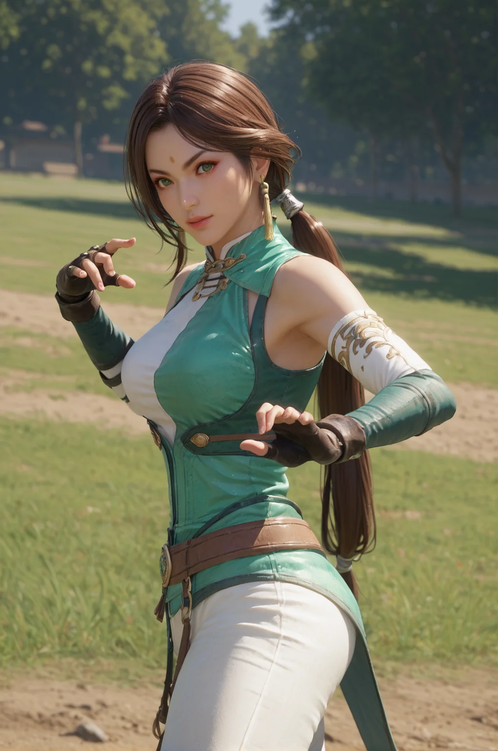 score_9, score_8_up, score_7_up, cowboy shot, Dancing in a salsa pose, <lora:Yueying_Dynasty_Warriors:0.7> 1girl, solo, green eyes, brown hair, long hair, ponytail, earrings, jewelry, fingerless gloves, looking at viewer, outdoors