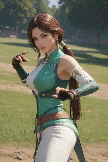 score_9, score_8_up, score_7_up, cowboy shot, Dancing in a salsa pose, <lora:Yueying_Dynasty_Warriors:0.7> 1girl, solo, green eyes, brown hair, long hair, ponytail, earrings, jewelry, fingerless gloves, looking at viewer, outdoors