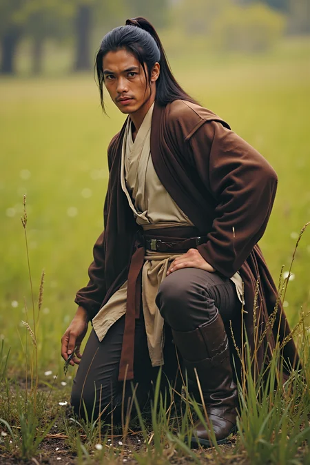 young asian man with ponytail in jedioutfit kneeling,in tall grass<lora:JEDIOTFIT_FLUX> <lora:Anime v1.3:1.2>