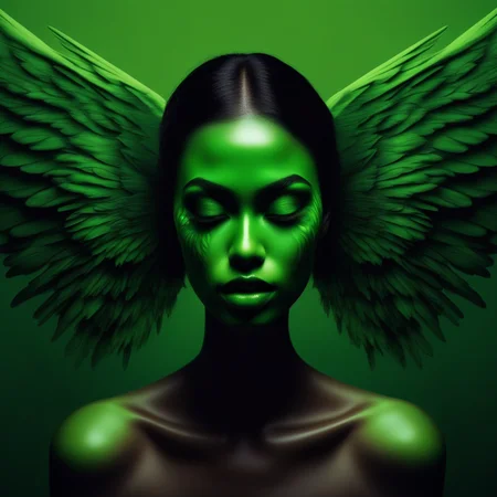 wings, green skin, painting (medium), shadow, building, makeup, green theme, gradient, lips, water