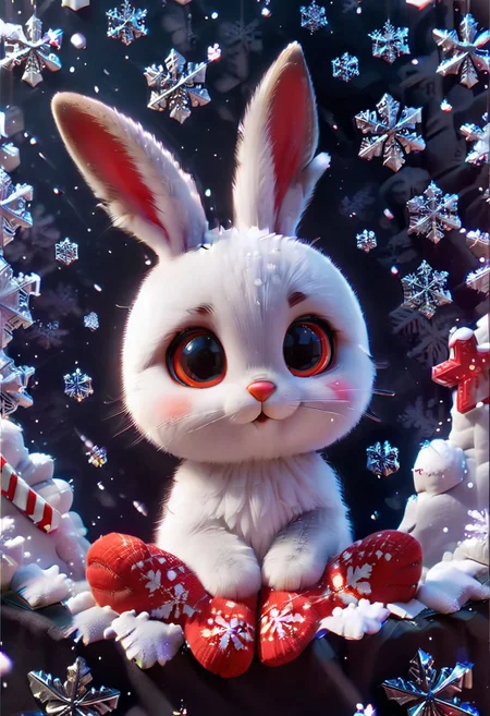 Festive, snowflake, little rabbit, long ears, red nose, close-up, snowflakes floating, Christmas stockings, solo, cute and cuddly