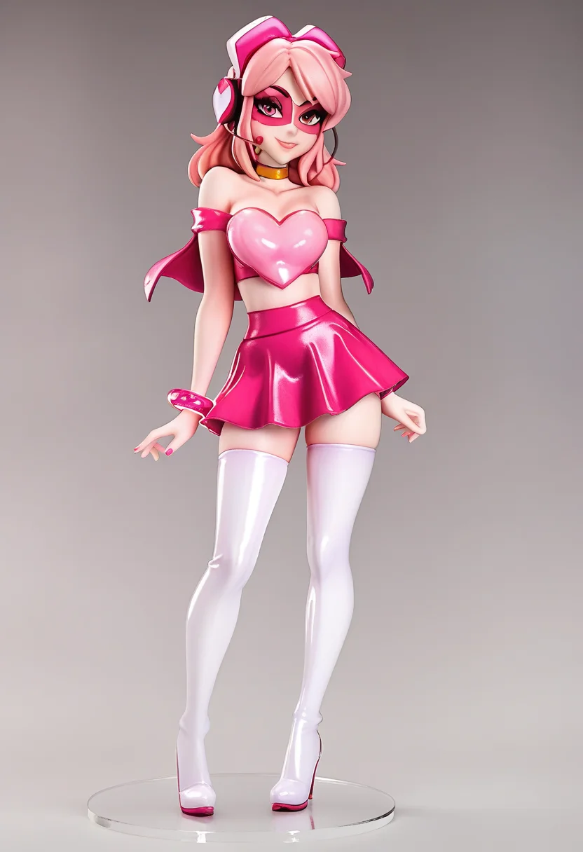 score_9, score_8_up, score_7_up, clean scene, white background, looking at viewer, <lora:Miss_Heed_2_PDXL:0.6> missheedxl, pink skin, colored skin, pink eyes, pink hair, headset, pink mask, pink headphones, collarbone, bare shoulders, pink heart shaped crop top, skirt, bracelet, golden choker, capelet, white thigh boots, high heels,