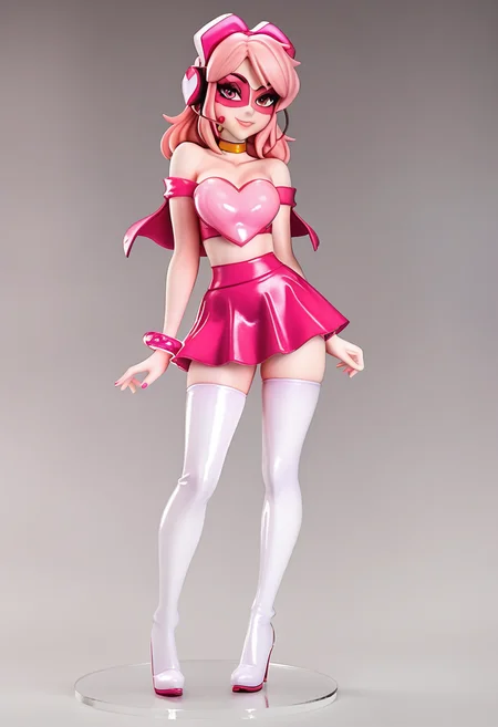 score_9, score_8_up, score_7_up, clean scene, white background, looking at viewer, <lora:Miss_Heed_2_PDXL:0.6> missheedxl, pink skin, colored skin, pink eyes, pink hair, headset, pink mask, pink headphones, collarbone, bare shoulders, pink heart shaped crop top, skirt, bracelet, golden choker, capelet, white thigh boots, high heels,