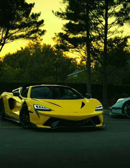 <lora:R0k00M0t0rV3h1c13HD:1>,r0k00m0t0rv3h1c13hd,r0k00bstr0cthd,car,super car,sports car,, two cars parked in a parking lot next to each other with trees in the background and a yellow light shining on the car [2]