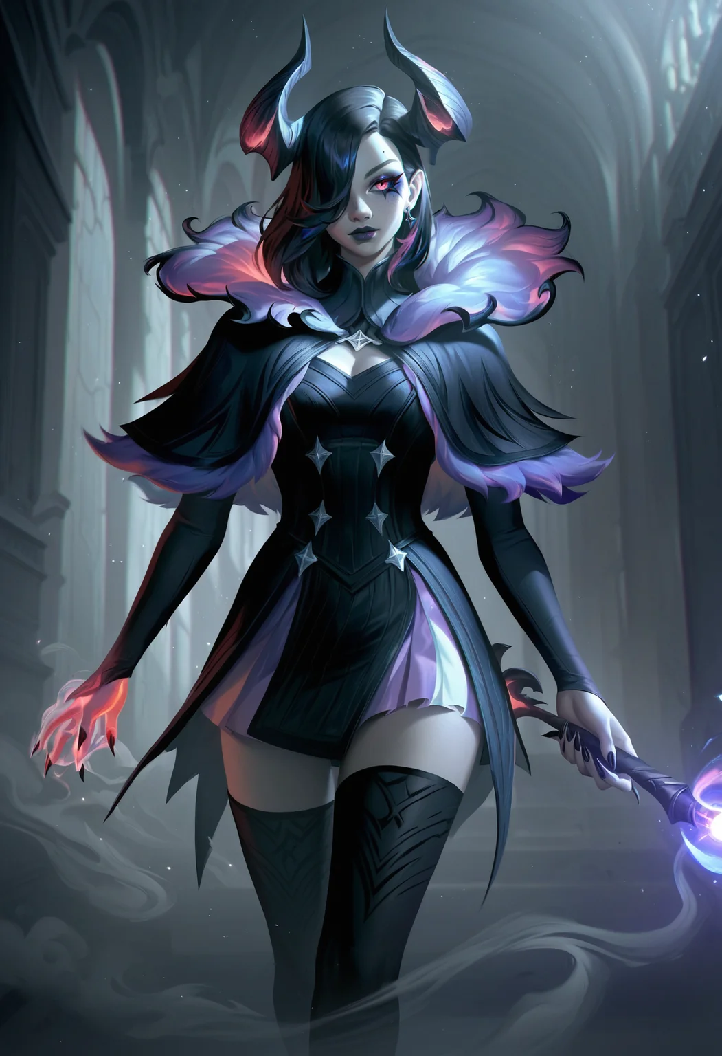 l0lspl4sh, source_anime, score_9, score_8_up, score_7_up, year2024, year2023, 1girl, coven 1girl, coven, West Studio, sixmorevodka, solo, a witch woman is walking down a dark mansion hallway, medium hair, diagonal bangs, hair over one eye, wand, capelet, thighhighs, cowboy shot, rating_safe, frills, fur collar, curled horns, smoke magic, shadow background, blurry foreground, blurry background <lora:L0LSPL4SH_40epochs:1>