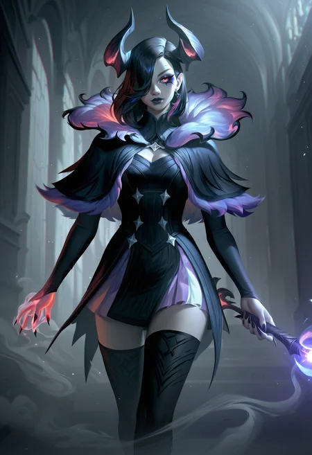 l0lspl4sh, source_anime, score_9, score_8_up, score_7_up, year2024, year2023, 1girl, coven 1girl, coven, West Studio, sixmorevodka, solo, a witch woman is walking down a dark mansion hallway, medium hair, diagonal bangs, hair over one eye, wand, capelet, thighhighs, cowboy shot, rating_safe, frills, fur collar, curled horns, smoke magic, shadow background, blurry foreground, blurry background <lora:L0LSPL4SH_40epochs:1>