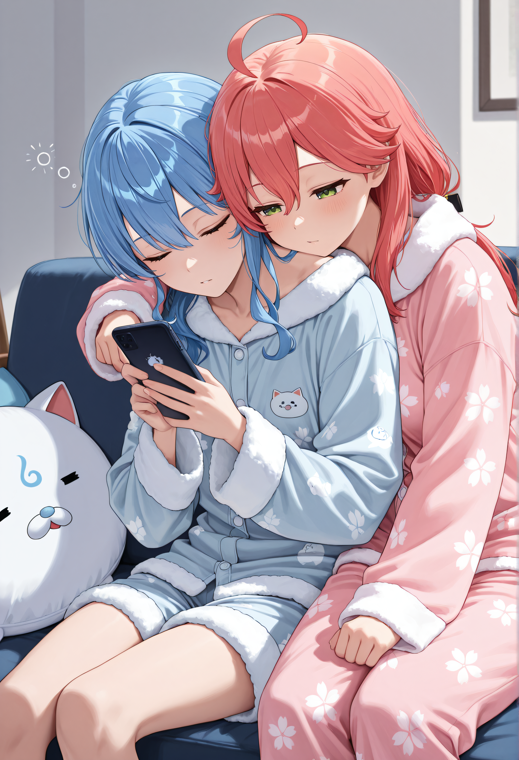 2girls, hoshimachi_suisei, sakura_miko, Couch, smartphone, shoulder to shoulder, chilling, relaxed, sleepy, fluffy pajamas, holding smartphone, 35p_(sakura miko)_cushion, masterpiece, absurdres