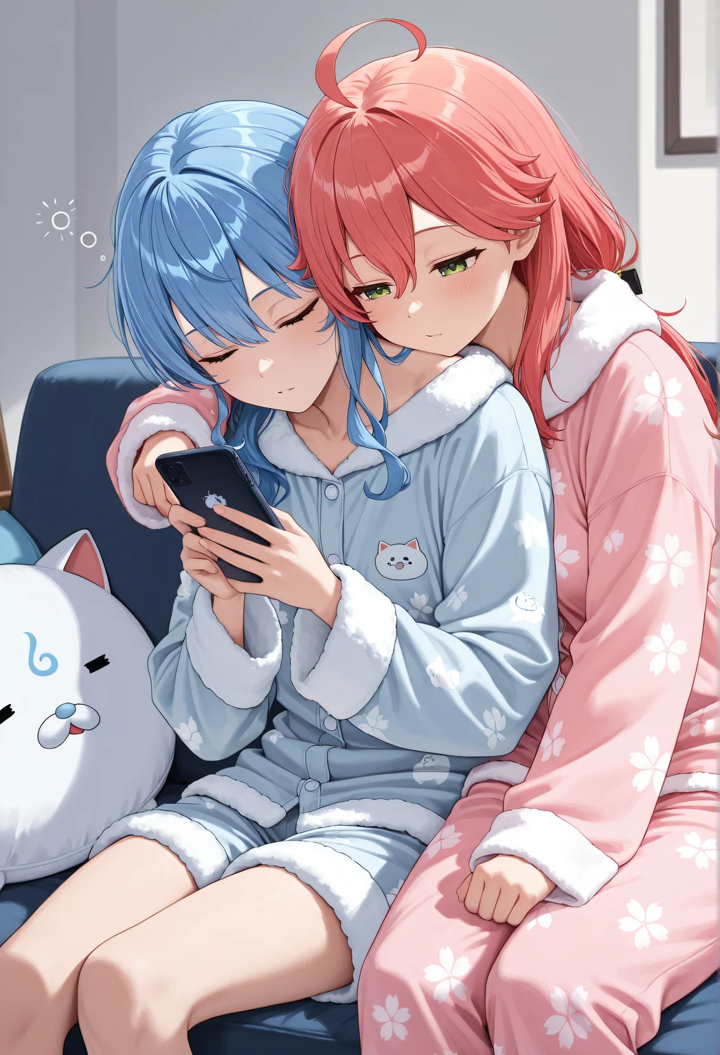 2girls, hoshimachi_suisei, sakura_miko, Couch, smartphone, shoulder to shoulder, chilling, relaxed, sleepy, fluffy pajamas, holding smartphone, 35p_(sakura miko)_cushion, masterpiece, absurdres