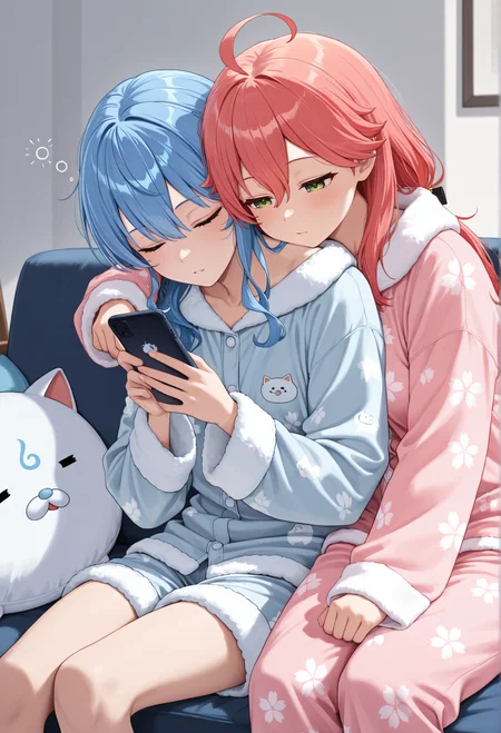 2girls, hoshimachi_suisei, sakura_miko, Couch, smartphone, shoulder to shoulder, chilling, relaxed, sleepy, fluffy pajamas, holding smartphone, 35p_(sakura miko)_cushion, masterpiece, absurdres