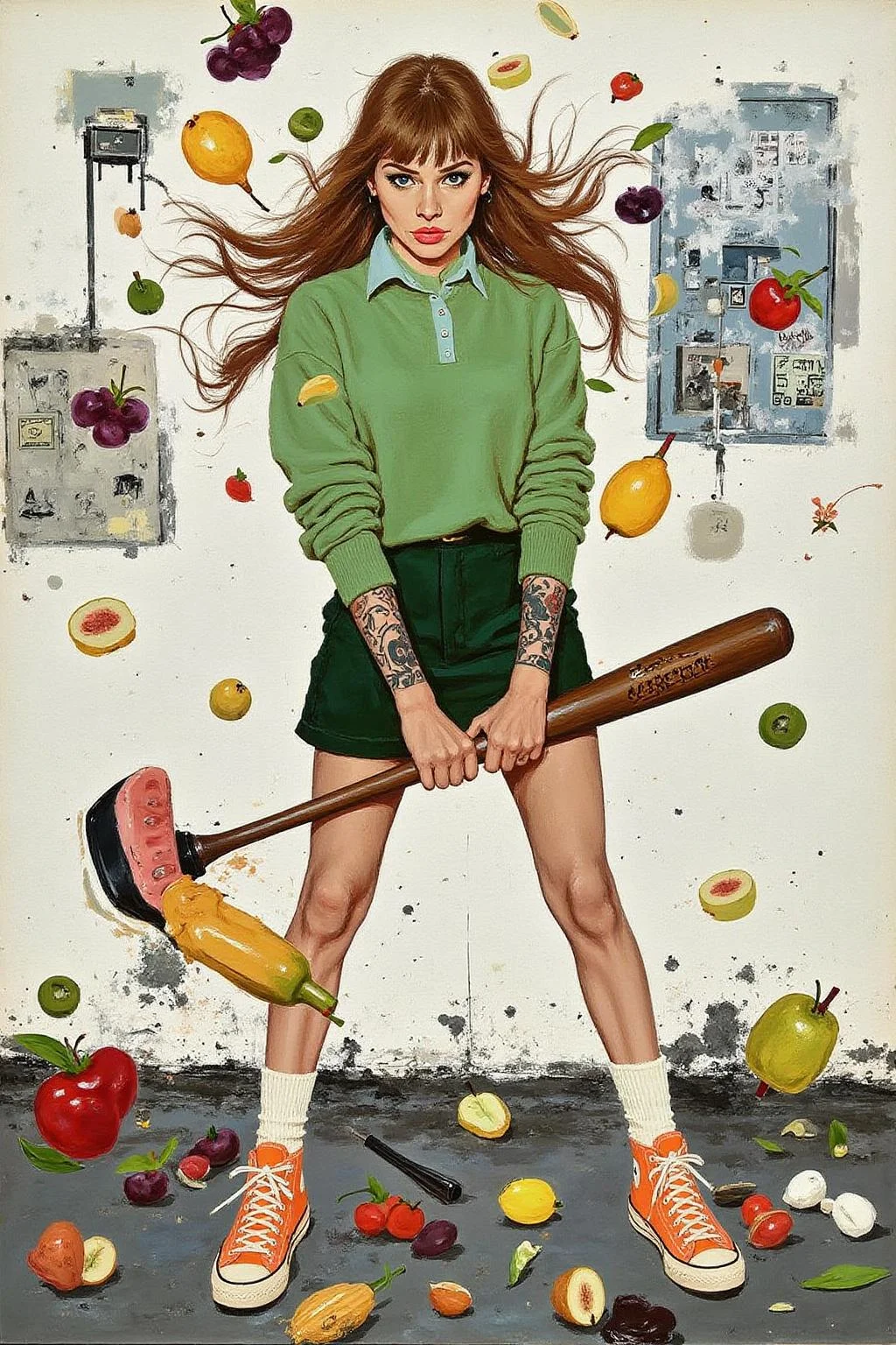 kard1 illustration.
liquid splash, cartoonish juicy fruits chaos, dynamic pose, dynamic camera, a fashion shoot, an illustration of a woman threateningly holding a baseball bat in her hands, full body tattoo, wearing green short sweater, miniskirt, knee socks, orange sneakers, aggressive facial expression, wall with graffiti in the background. <lora:kard1_cap_d6a3:1.0><lora:816558727332226070:0>