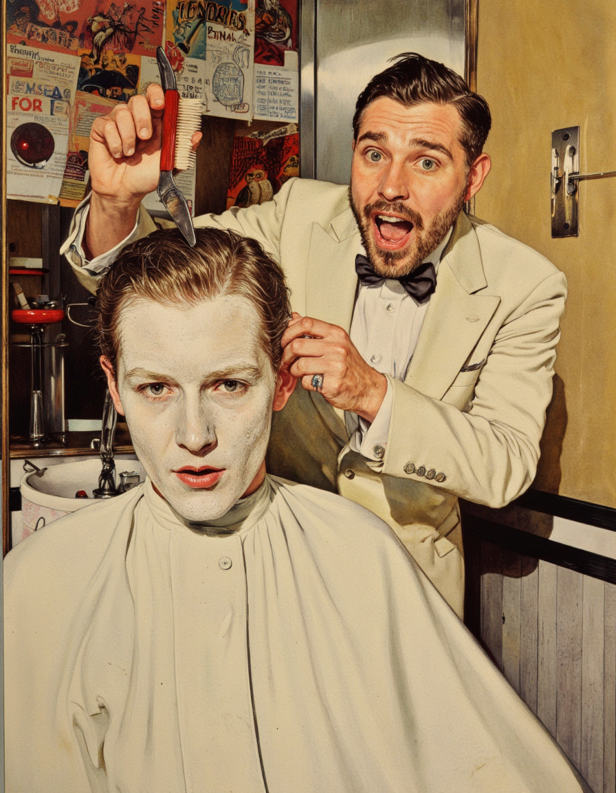 Art by Norman Rockwell. A surreal and surreal painting depicting two men in a barber shop, with one man in a white suit and bow tie standing behind the barber, holding a hairbrush and a comb in his right hand, while the other man is standing in front of him, wearing a white robe and has a surprised expression on his face. the man in the white suit appears to be in his late twenties, with short, dark hair and a beard, and his eyes are wide open in shock. he is facing the viewer, looking directly at them with an open mouth, his face covered in white face paint, and he is wearing a black bow tie and a ring on his finger. the background of the image is a beige wall with a vintage advertisement board and a black and white striped wall, adding to the surreal atmosphere of the scene. the style is reminiscent of the 1950s, with exaggerated features and vibrant colors that bring the scene to life.