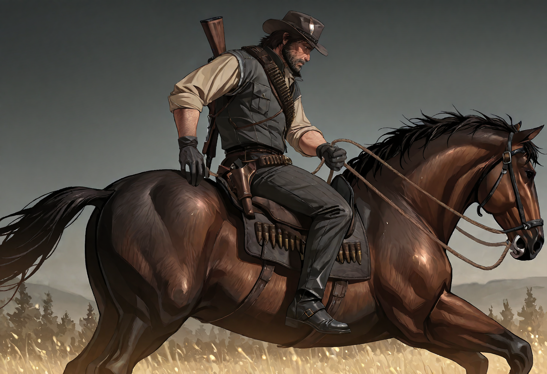 1boy, rdr1j0hnmarston, mature male, unkempt medium dark brown hair, dark grey eyes, scruffy beard, facial scar on right cheek, dark grey cowboy hat with feather, dark grey sleeveless denim vest, beige shirt, black gloves, dark pinstriped trousers, black boots, belt with golden buckle, gun holster belt, bullet loop bandolier, shoulder satchel, rifle on back, red scarf, riding horse, action shot, side view, masterpiece, best quality, absurdres, newest, perfect quality, detailed background, intricate details,