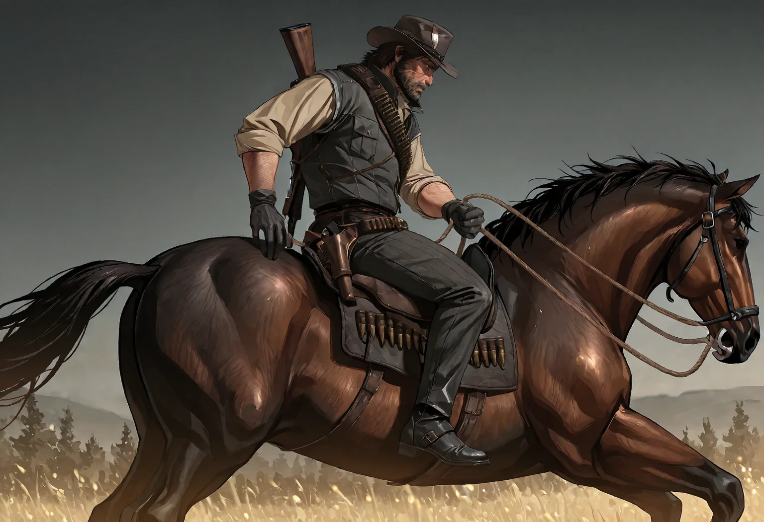1boy, rdr1j0hnmarston, mature male, unkempt medium dark brown hair, dark grey eyes, scruffy beard, facial scar on right cheek, dark grey cowboy hat with feather, dark grey sleeveless denim vest, beige shirt, black gloves, dark pinstriped trousers, black boots, belt with golden buckle, gun holster belt, bullet loop bandolier, shoulder satchel, rifle on back, red scarf, riding horse, action shot, side view, masterpiece, best quality, absurdres, newest, perfect quality, detailed background, intricate details,