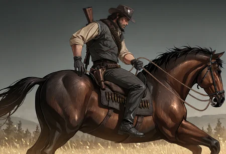 1boy, rdr1j0hnmarston, mature male, unkempt medium dark brown hair, dark grey eyes, scruffy beard, facial scar on right cheek, dark grey cowboy hat with feather, dark grey sleeveless denim vest, beige shirt, black gloves, dark pinstriped trousers, black boots, belt with golden buckle, gun holster belt, bullet loop bandolier, shoulder satchel, rifle on back, red scarf, riding horse, action shot, side view, masterpiece, best quality, absurdres, newest, perfect quality, detailed background, intricate details,