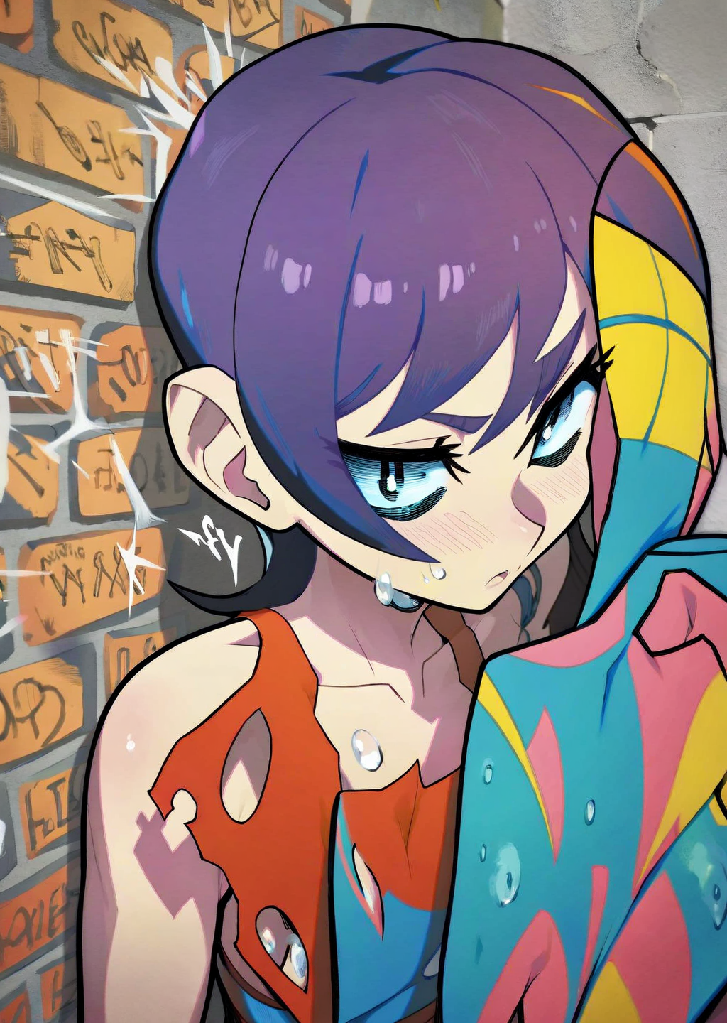 (by hata) anime flat color, 
1girl   sad cry upper body, torn clothes graffiti brick wall best quality, masterpiece,