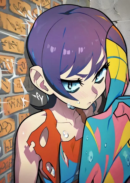 (by hata) anime flat color,
1girl sad cry upper body, torn clothes graffiti brick wall best quality, masterpiece,