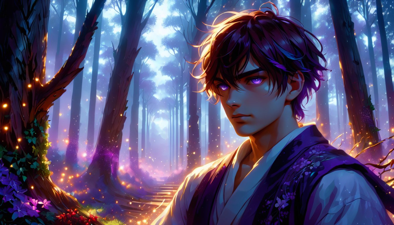 score_9, score_8_up, score_7_up, photorealism, raw photo, etheral, motion lines, glowing, 1boy, man, male focus, solo, adult male, a man who belittles and mocks those around him, choppy layers hair, mahogany Short hair, purple eyes, dynamic lighting, celestial city park, indoors,  Tracelium flowers, holly no blossom trees,, medium shot, wood burning  , leaning against a tree with arms crossed, deep colors, vivid, colorful, fairy tale aethestics, magic, fireflies, cinematic composition, volumetric clouds, volumetric lighting, volumetric fogs, volumetric dusk, lots of volumetric smoke
