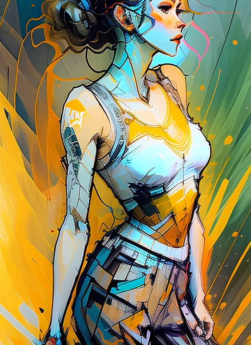 Alfons Mucha; style award winning half body portrait of a beautiful woman in a croptop and cargo pants, paint splashes, (short hair:1.0), splatter, outrun, vaporware, shaded flat illustration, digital art, trending on artstation, highly detailed, fine detail, intricate
