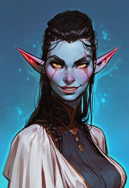 score_9, score_8_up, score_7_up, 1girl, female, elf, blue skin, visible veins, busty, eyebrow scar, sheer blouse, saggy boobs, mage robes, black hair, glowing drops in the face, fangs, smile lines, in a wizards tower, half body Portrait, focus from Front, close up, looking at viewer, arched back