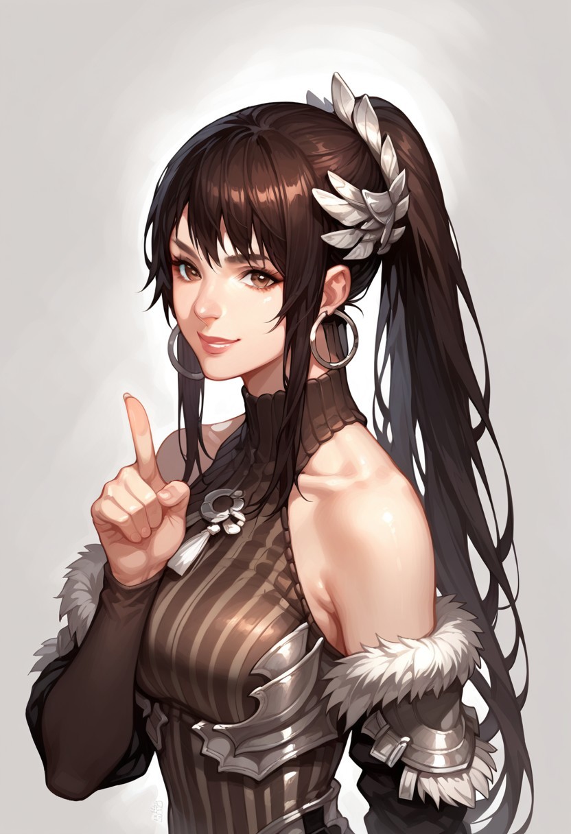 score_9,score_8_up,score_7_up, Expressiveh,  source anime,        evy_(mabinogi), evy_outfits_1,  1girl, solo, long hair, brown hair, black hair, ponytail, lips, brown eyes , pantyhose, jewelry, earrings, hoop earrings, high heels, dress, armor, bare shoulders, detached sleeves, upper body, pointing finger, point at viewer, smirk,