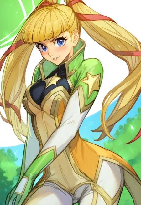 Stellar Blade Skin Suits , score_9, score_8_up, score_7_up, score_6_up, score_5_up, score_4_up, rating_questionable, , source_anime, digital illustration, pixiv, fanbox, uncensored, , BREAK, official art, 1girl, solo, monica kruszewski, blonde hair, blue eyes, hair ribbon, medium breasts, twintails, ribbon, Seductive Eyes, skinbodysuit, bodysuit, outdoors, blush, cowboy shot, looking at viewer, <lora:Monica_Kruszewski_Pony-000009:1>,  <lora:skinbodysuit e3-000009:0.75>, ng_deepnegative_v1_75t, easynegative, OverallDetail