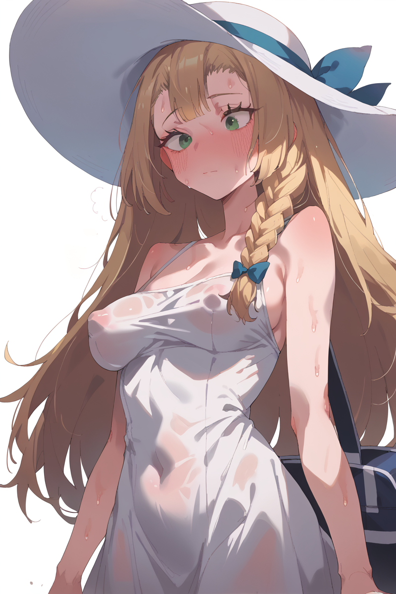score_9, score_8_up, score_7_up, source_anime,
<lora:JJJJ_pony:1> jjjj, 1girl, blonde hair, hat, long hair, braid, solo, blush, green eyes, dress, sweat, covered nipples, breasts, white dress, sun hat