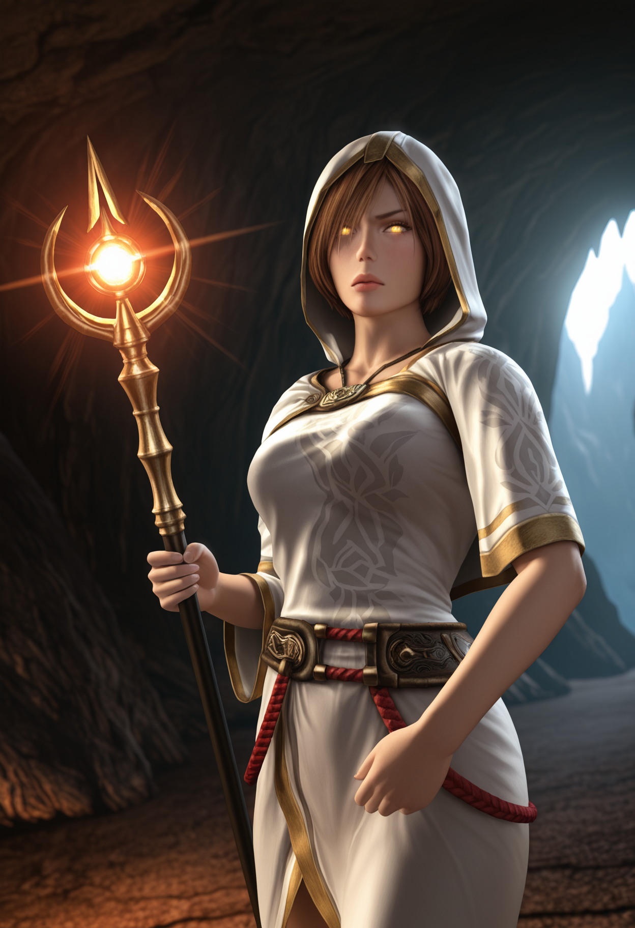 masterpiece, best quality, amazing quality, very aesthetic, high resolution, ultra-detailed, absurdres, newest, scenery, 1girl, solo, game cg, game screenshot, 3d, realistic, <lora:Leanna [Illustrious] Dark Messiah:1>, expressionless, Leanna, short hair, brown hair, white robe, white hood, holding staff, magic, glowing eyes, detailed eyes, detailed body, detailed lips, looking looking at viewer, indoors, cave,  sunlight, angry, depth of field, photorealistic, masterpiece, best quality, amazing quality, very aesthetic, high resolution, ultra-detailed, absurdres, newest, scenery, volumetric lighting, dynamic pose