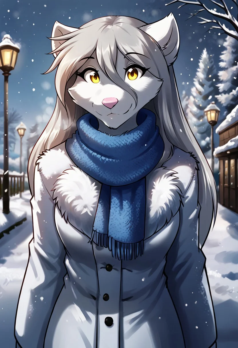 score_9, score_8_up, score_7_up,score_6_up,score_5_up, source_furry
BREAK
solo, furry female anthro, long hair, medium breasts, (cute smile, looking at viewer), mink fur coat, winter pants, blue scarf, (outdoors, standing, winter, winter park, snowfall), upper body shot
BREAK
<lora:Raine-Twokinds-SDXL-AnonTK-V1:1>, raine-twokinds, keidran, mammal, wolf tail, yellow eyes, <lora:p:0.35>