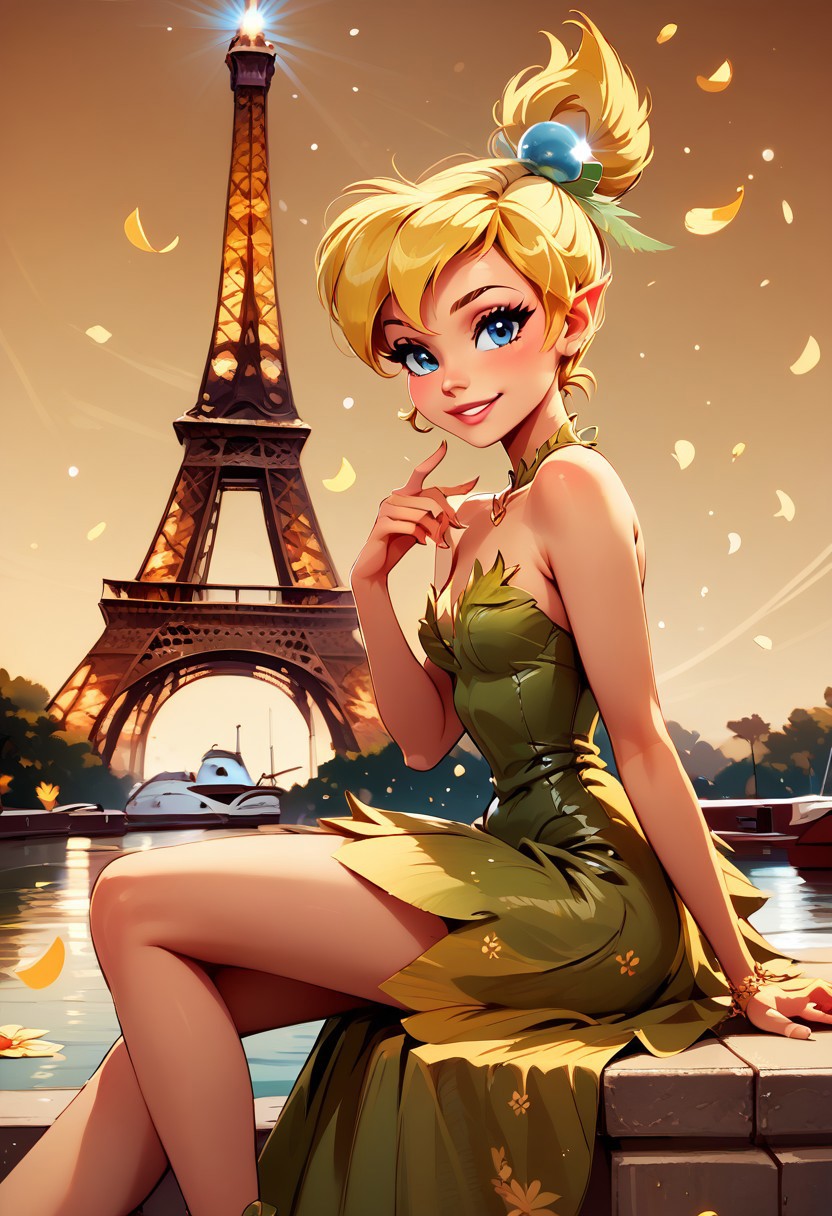 score_9, score_8_up, score_8, medium breasts, (curvy), cute, eyelashes,     
rating safe, 
BREAK,
 zzEiffelTower in background, 1girl, tinkerbell from the movie peter pan , solo, hat, dress, bare shoulders, sitting, dress, watercraft, boat, sitting on wall, side view, looking at viewer, smile, BREAK, blooming stars, luminescent petals, otherworldly fragrance blurry background, 
BREAK,
smile, looking at viewer, 
abstract background, 
zPDXL, Expressiveh