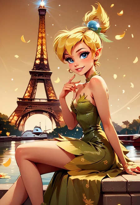 score_9, score_8_up, score_8, medium breasts, (curvy), cute, eyelashes,     
rating safe, 
BREAK,
 zzEiffelTower in background, 1girl, tinkerbell from the movie peter pan , solo, hat, dress, bare shoulders, sitting, dress, watercraft, boat, sitting on wall, side view, looking at viewer, smile, BREAK, blooming stars, luminescent petals, otherworldly fragrance blurry background, 
BREAK,
smile, looking at viewer, 
abstract background, 
zPDXL, Expressiveh