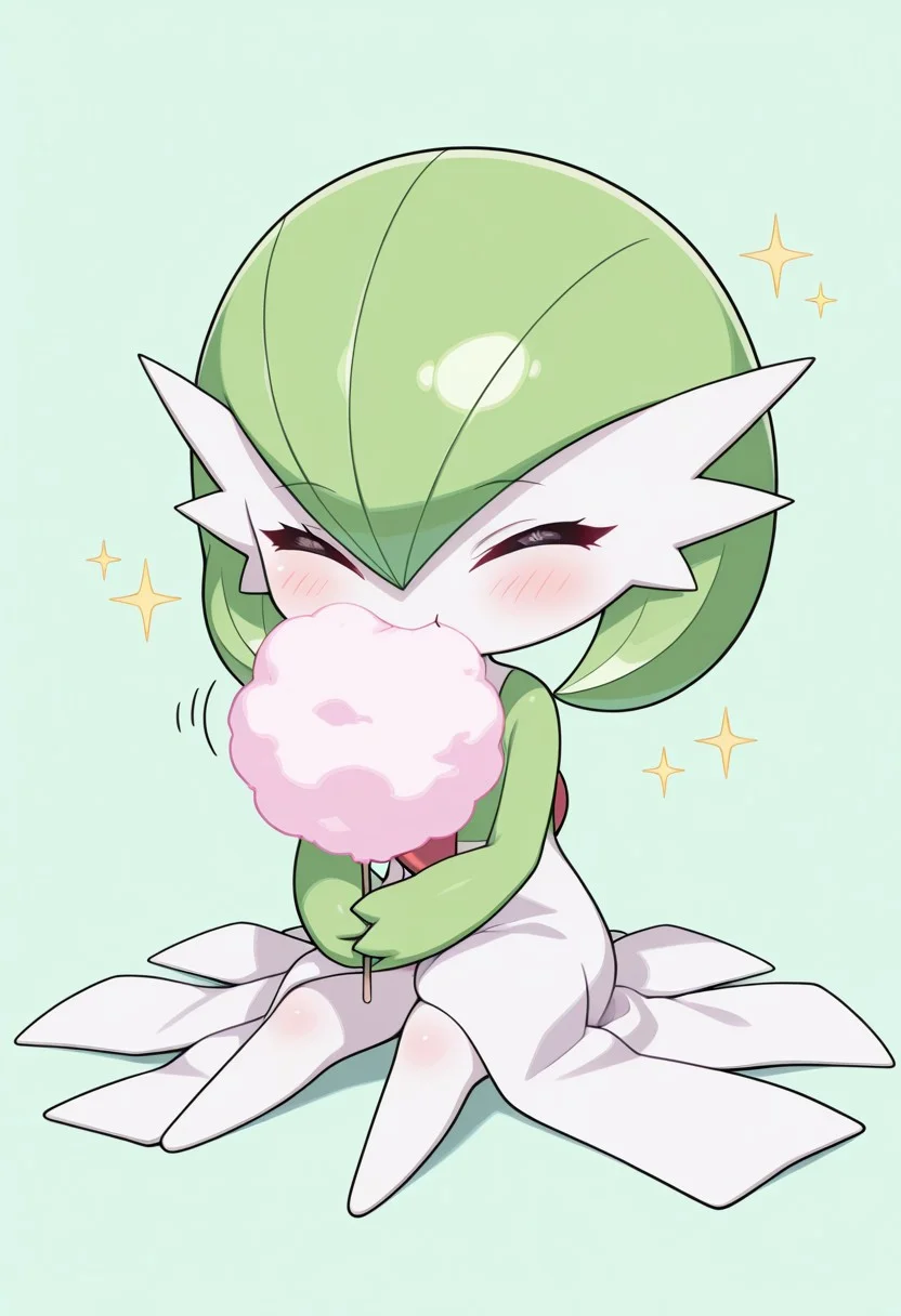 masterpiece, best quality, absurdres, amazing quality, detailed face, detailed skin, detailed eyes, high resolution, official style,
1girl, ((chibi:1.1)), ((anime chibi style:1.1)), gardevoir \(pokemon\),
solo, sitting on floor, full body, excited, cute, happy girl, eating cotton candy, holding cotton candy, eyes closed,
simple light green background, sparkles,
((no text:1.1)), ((no signature:1.1)),