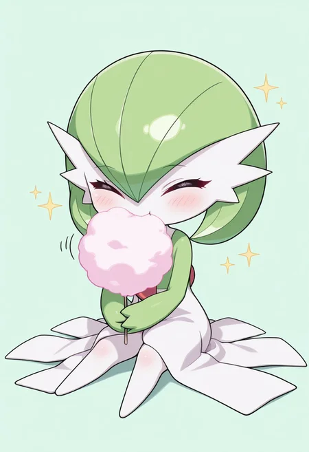masterpiece, best quality, absurdres, amazing quality, detailed face, detailed skin, detailed eyes, high resolution, official style,
1girl, ((chibi:1.1)), ((anime chibi style:1.1)), gardevoir \(pokemon\),
solo, sitting on floor, full body, excited, cute, happy girl, eating cotton candy, holding cotton candy, eyes closed,
simple light green background, sparkles,
((no text:1.1)), ((no signature:1.1)),