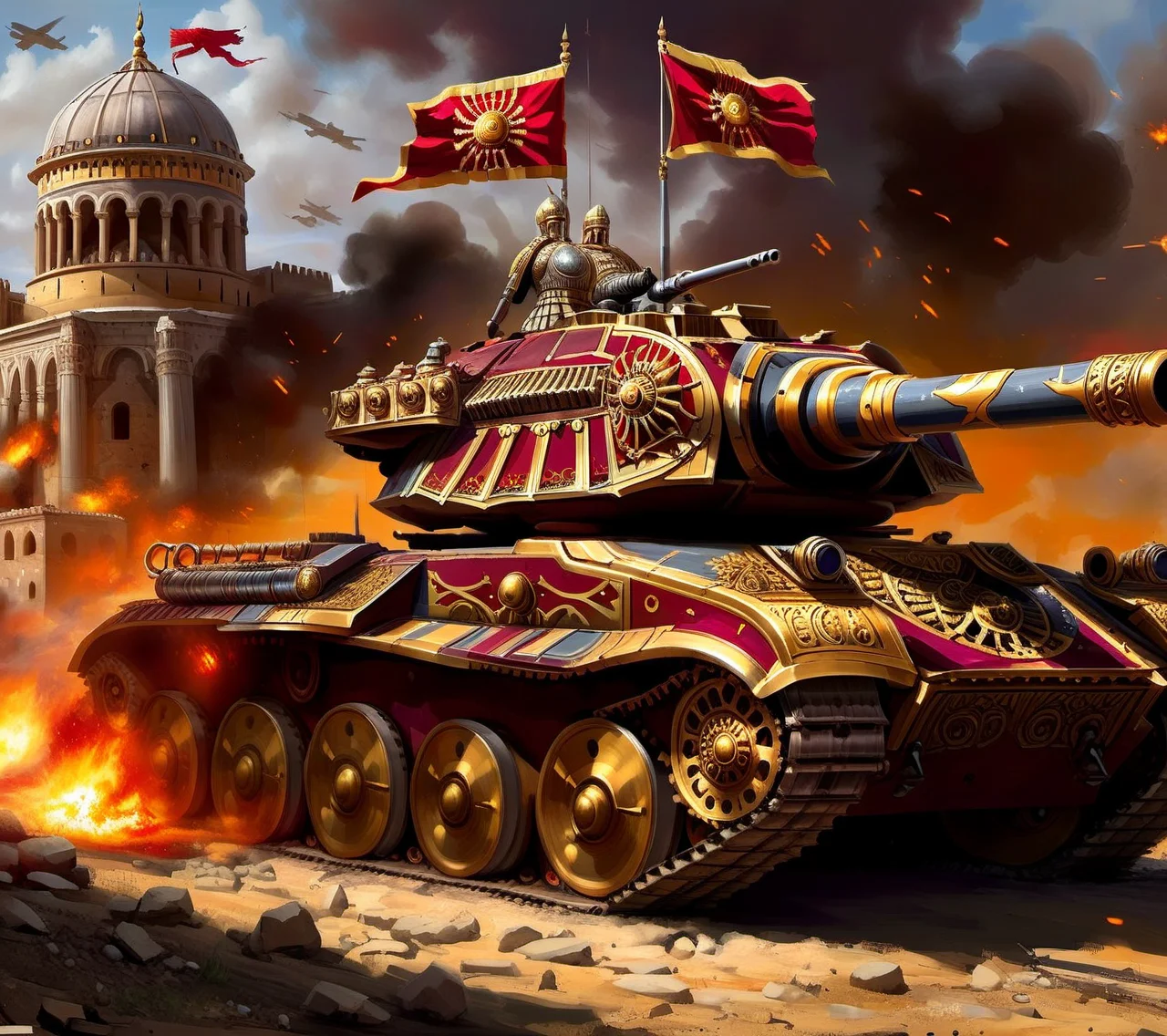 <lora:CulturePunkAI_2:.9>ByzancPunkAI tank on battlefield Highly detailed, amazing, Impressive lighting, vibrant colors, Ultra Realistic, High quality, Highly detailed, trending on artstation
