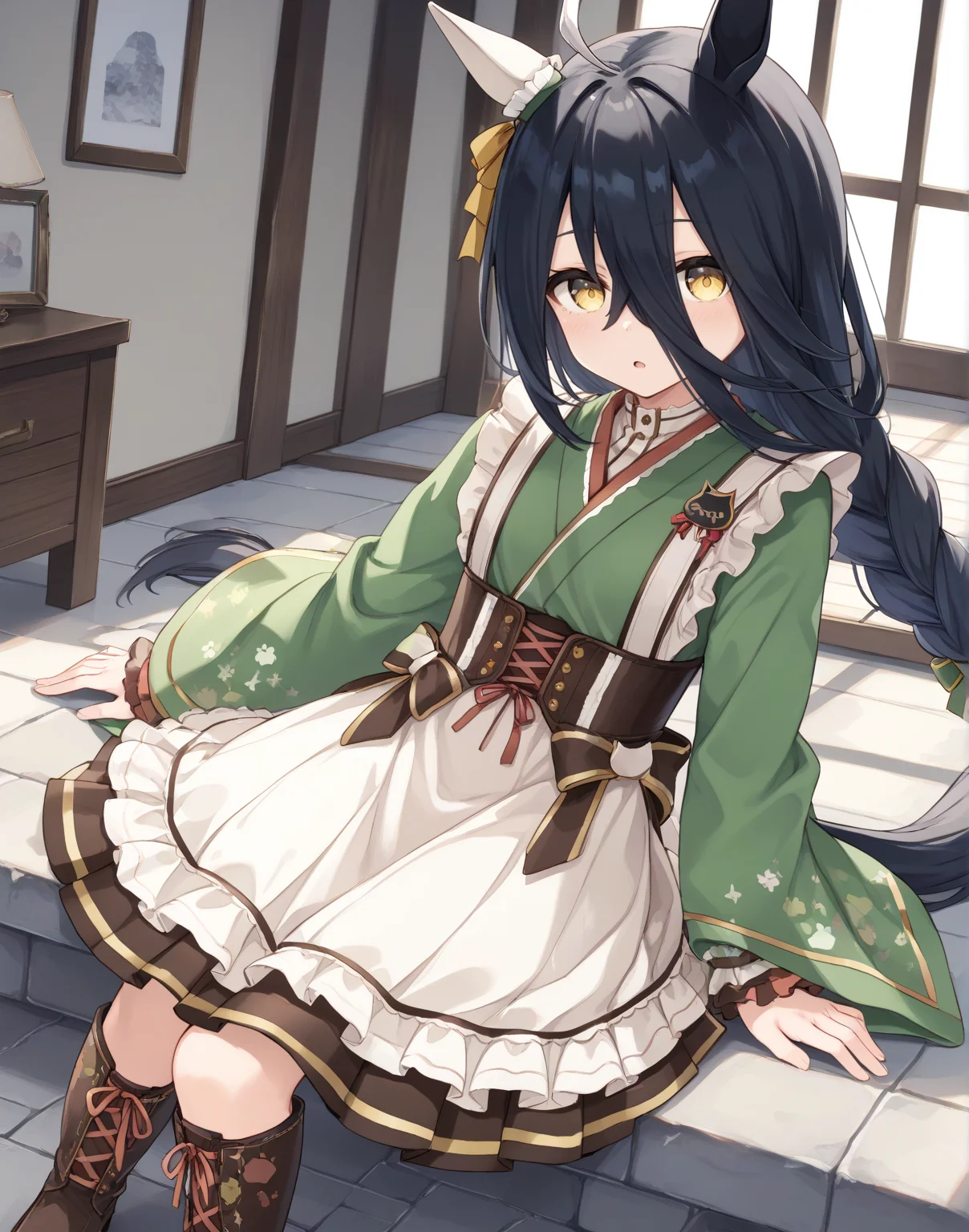 score_9, score_8_up, score_7_up, official art, masterpiece, high quality, megami magazine, official style, game cg, 1girl, (looking at viewer:1.4), (open mouth:1.0), , expressionless, , sleepy, dutch angle, patterned background,,
manhattan cafe (umamusume), ahoge, animal ears, black hair, highres, tail, horse tail, horse ears, horse girl, long hair, multicolored hair, hair between eyes, yellow eyes, shirt, skirt,
mht verdant night, manhattan cafe (verdant night) (umamusume), corset, brown corset, ear covers, single ear cover, kimono, green kimono, frilled kimono, japanese clothes, long bangs, long sleeves, maid, wa maid, official alternate costume, official alternate hairstyle, apron, waist apron, white shirt, wide sleeves, brown skirt, pleated skirt, bow, braid, single braid, braided ponytail, ear ribbon, green bow, hair bow, ribbon, yellow ribbon, frilled apron, frills, paw print, eyelashes, low-tied long hair, green ribbon, hair ribbon, boots, lace-up boots, cross-laced footwear, <lora:umamusume_manhattan_cafe_verdant_night_pony_v1:1>,,