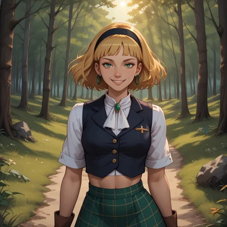 score_9, score_8, BREAK, solo, Olga Pataki, blonde hair, bobbed flip hairstyle, black headband, midriff-baring white long-sleeved shirt with a black vest over it, green plaid skirt, emerald hoop earrings, brown boots, white knee socks, sexy pose, self portrait, smile, outdoors, sunlight, shadows, evening lighting, natural lighting, forest, trees, grass, orange sky, sunset