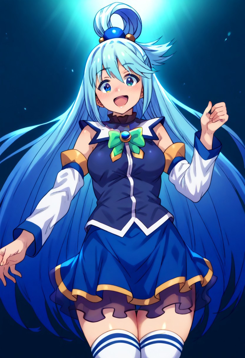 (zPDXL3),
(zPDXLxxx),
score_9, score_8_up, score_7_up,
1girl,
solo,
aqua \(konosuba\), long hair, blue eyes, hair ornament, very long hair, blue hair, hair rings, single hair ring, hair bobbles,
skirt, shirt, thighhighs, bare shoulders, detached sleeves, white thighhighs, blue skirt, blue shirt, green bow,
pose,
cowboy shot,
from below,
joy,