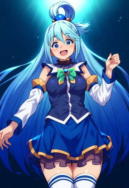(zPDXL3),
(zPDXLxxx),
score_9, score_8_up, score_7_up,
1girl,
solo,
aqua \(konosuba\), long hair, blue eyes, hair ornament, very long hair, blue hair, hair rings, single hair ring, hair bobbles,
skirt, shirt, thighhighs, bare shoulders, detached sleeves, white thighhighs, blue skirt, blue shirt, green bow,
pose,
cowboy shot,
from below,
joy,