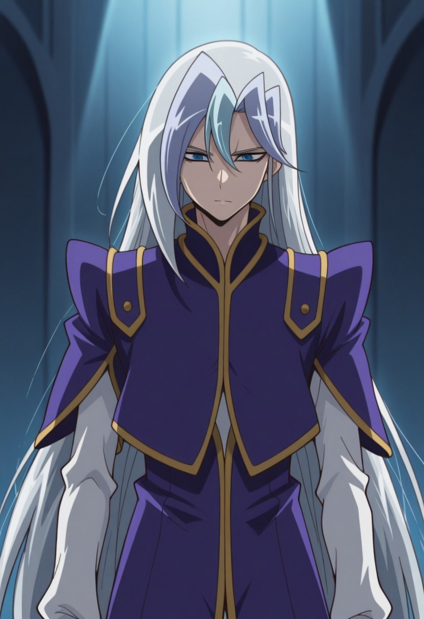 masterpiece,best quality,amazing quality, source_anime, 
chrisArclight, 1boy, male focus, solo, blue eyes, multicolored hair, grey hair, blue hair, long hair, shirt, white shirt, coat, purple coat, short over long sleeves,