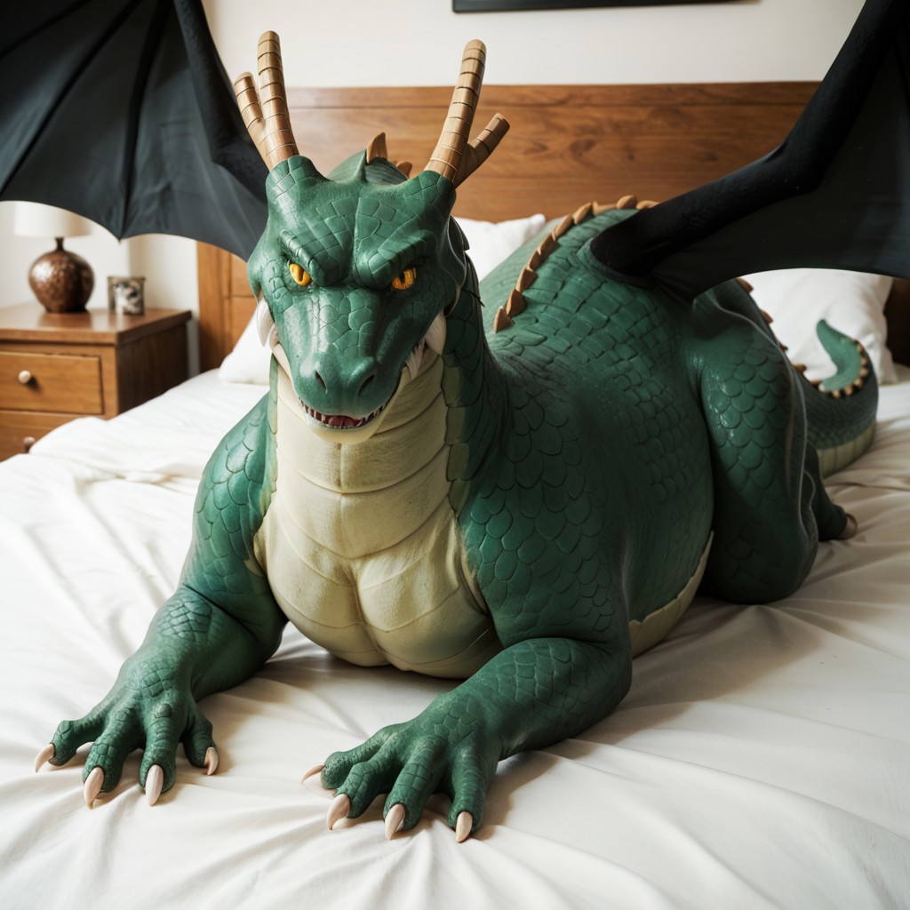 score_9, score_8_up, score_7_up, score_6_up, score_5_up, score_4_up, masterpiece, high quality, realistic, detailed, best quality, white bed, solo, rating_safe, source_furry, bedroom, smiling, seductive, looking at viewer, lying on belly, Tohru_kobayashi, dragon, green scales, black wings, horns, tail, claws, female, 1girl, yellow sclera, slit pupils, feral, yellow eyes