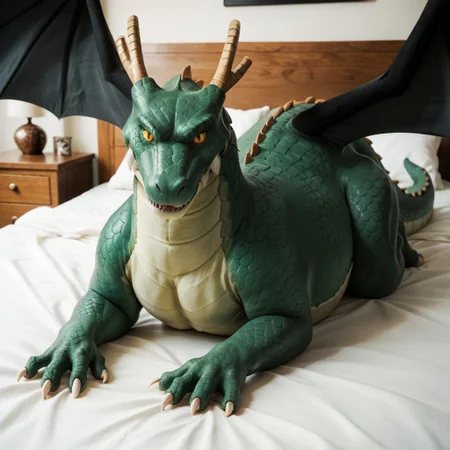 score_9, score_8_up, score_7_up, score_6_up, score_5_up, score_4_up, masterpiece, high quality, realistic, detailed, best quality, white bed, solo, rating_safe, source_furry, bedroom, smiling, seductive, looking at viewer, lying on belly, Tohru_kobayashi, dragon, green scales, black wings, horns, tail, claws, female, 1girl, yellow sclera, slit pupils, feral, yellow eyes