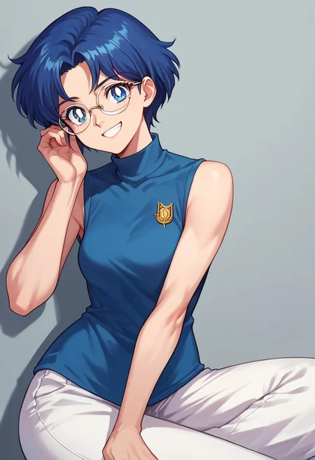 (masterpiece), best quality, a 19 year old girl with (long blue capri hair) and blue eyes, she wears a navy blue sleeveless shirt, white pants and glasses, she has a little muscle, smiling, score_9, score_8_up, score_7_up, source_anime, score_9, score_8_up, score_7_up, sm90s