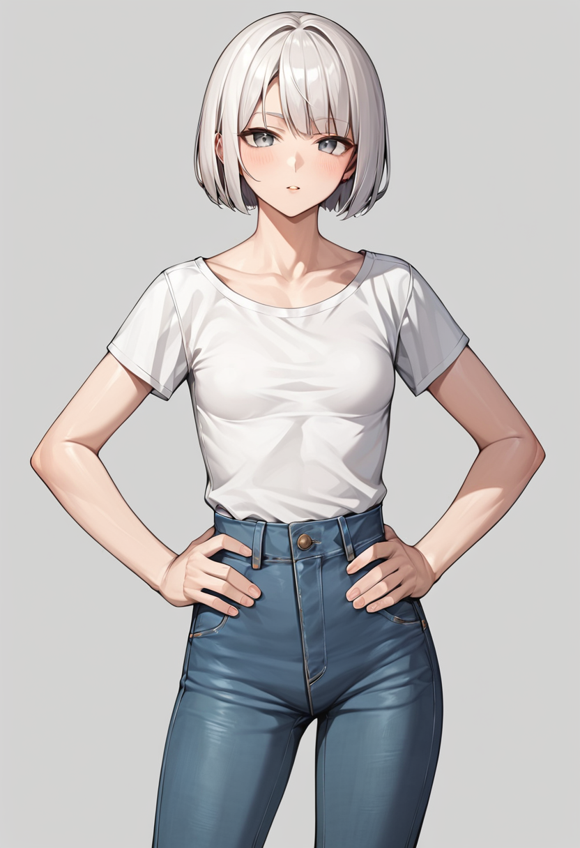 score_9, score_8_up, score_7_up, score_6_up, score_5_up, score_4_up, source_anime,
BREAK,
simple background, white background, looking at viewer, 1girl, solo, white hair, grey eyes, bob cut, small breasts, white shirt, jeans, hands on own hips,   <lora:lowres_concept_ponyXL_v1:-0.3>