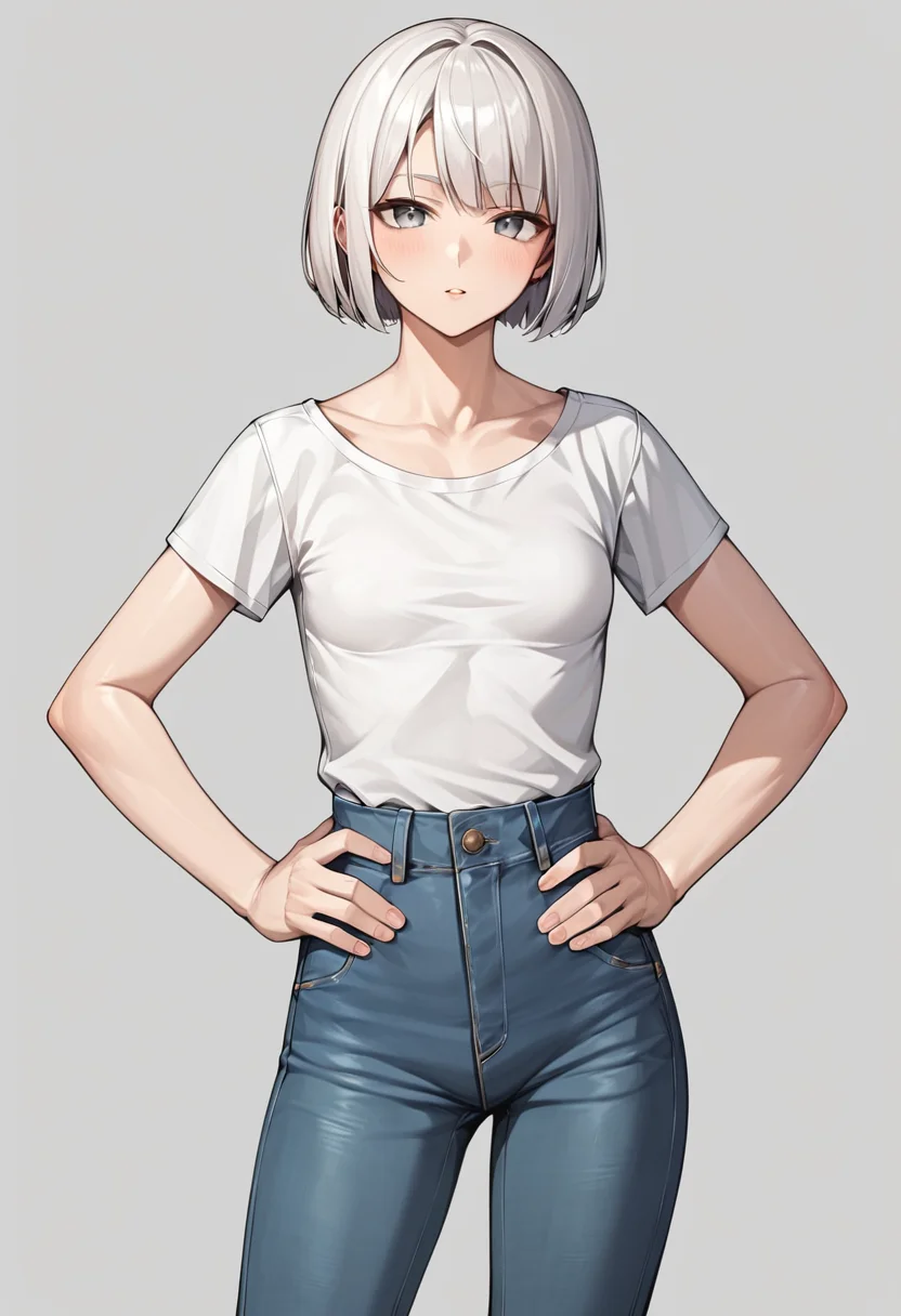 score_9, score_8_up, score_7_up, score_6_up, score_5_up, score_4_up, source_anime,
BREAK,
simple background, white background, looking at viewer, 1girl, solo, white hair, grey eyes, bob cut, small breasts, white shirt, jeans, hands on own hips, <lora:lowres_concept_ponyXL_v1:-0.3>
