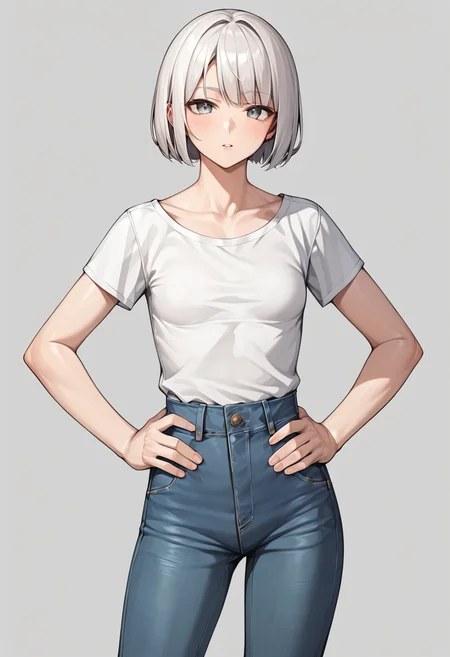 score_9, score_8_up, score_7_up, score_6_up, score_5_up, score_4_up, source_anime,
BREAK,
simple background, white background, looking at viewer, 1girl, solo, white hair, grey eyes, bob cut, small breasts, white shirt, jeans, hands on own hips,   <lora:lowres_concept_ponyXL_v1:-0.3>