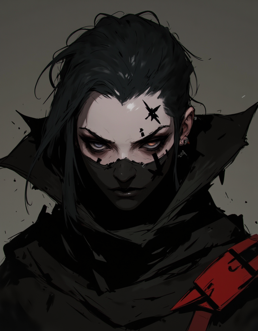 Ev Ganin style. This digital painting depicts a striking, gothic-inspired character with a dark, edgy aesthetic. The subject is a woman with pale skin and striking, almond-shaped eyes that are partially obscured by dark, jagged, and intricate facial tattoos. Her hair is dark, slicked back, and partially covered by a black, high-collared, futuristic-looking cloak with red accents. <lora:Ev_Ganin:1.0>