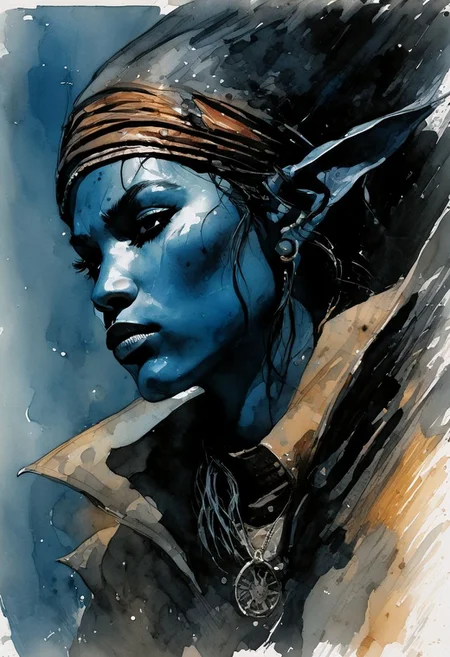 color wash, ink wash, illustration, bill sienkiewicz and marilyn minter influence, storytelling, ligne claire portrait of dark-blue skinned ( githyanki sailor:1.3) on precipice, very small nose, pigtails, (detailed anatomy and defined musculature:1.0) prominent cheekbones, looking away to the distance, focus on the face, strong stance, impressive view, deep salt-desert backdrop (sand, clay and ultraviolet hues:1.0) high-contrast lighting