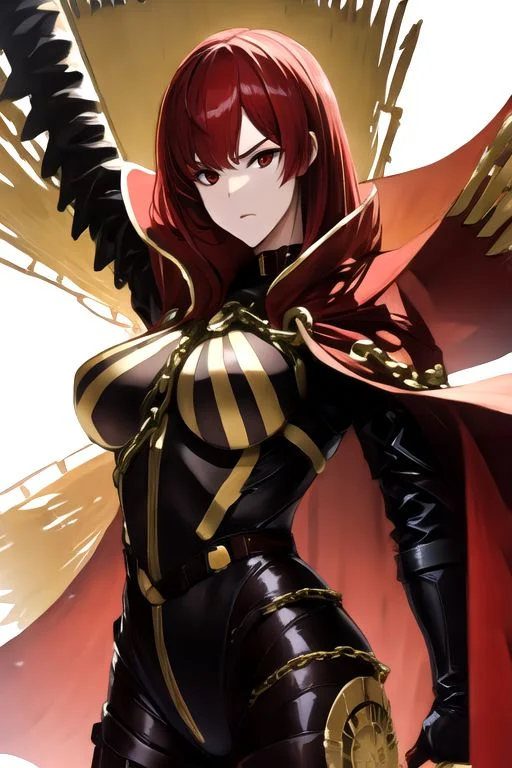 solo_focus, 1girl, (((masterpiece))), ((best quality)), ((ultra-detailed)), high resolution, absurdres, highres, ultra-detailed 8k unity wallpaper,
oda_biig,large breasts,red eyes,black bodysuit,red hair,chain,collared cape,